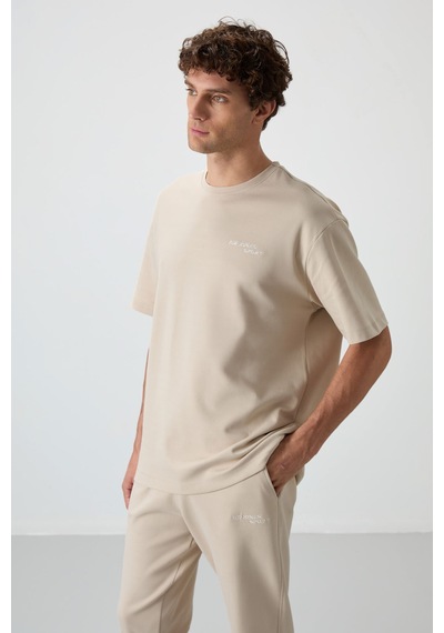 Tommy Life Bej Pamuklu Kalın Yumuşak Dokulu Oversize Fit Nakışlı Erkek Eşofman Takım - 85252 Bej