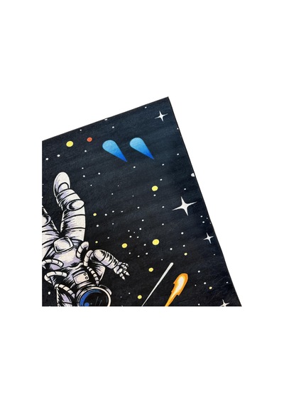 Çocuk Odası Halısı Astronot Uzay Desenli Siyah Dijital Baskı Kaymaz Makinede Yıkanabilir Oyun Halı Siyah