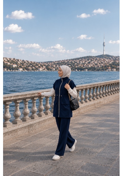 Lacivert Yelekli 2 Li Takım Modern, Rahat Ve Şık Günlük Kombin