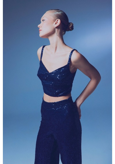 Sateen Kalın Askılı Payet Crop - Lacivert-135340 Lacivert