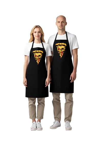 Unisex Mutfak Aşçı Önlüğü Kafatası Pizza Dilimi Baskılı Dtf Dijit Siyah