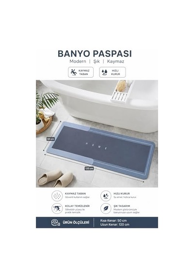 Banyo Paspası-kaymaz Tabanlı-süper Emici Banyo Paspası-abdest Paspası-uzun Mavi 50 120 Mavi Çok Renkli