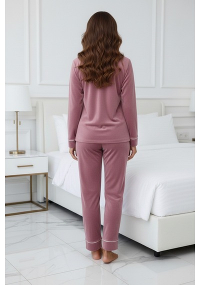 Kadın Kadife Boydan Düğmeli Şerit Detaylı 2'li Pijama Takım Pudra