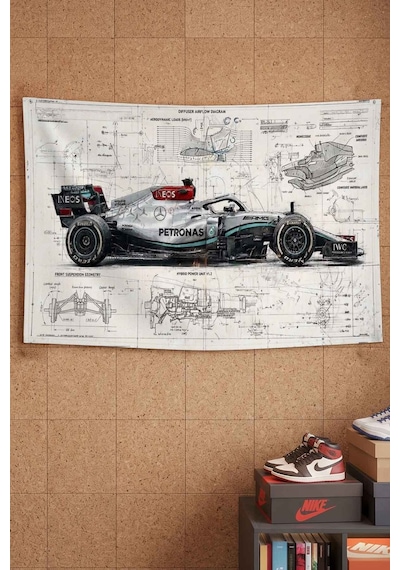 Mercedes Amg Petronas F1 Teknik Çizim Dekoratif Duvar Örtüsü Duvar Halısı Beyaz