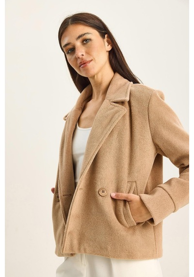 Shade Kadın Kruvaze Yaka Astarlı Cep Detaylı Kaşe Kısa Ceket Kaban 0725 60283811 - Camel