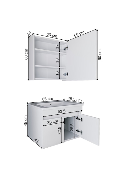 Banos Al3 Lavabolu Beyaz 65 Cm Aynalı Banyo Dolabı Takımı Beyaz