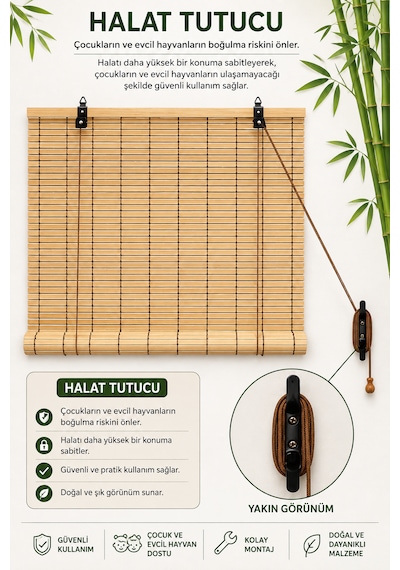 Ahşap Doğal Bambu Katlamalı Stor Perde Güneş Kırıcı Dekoratif Bahçe Balkon Ev Pencere Güneşlik Açık Kahverengi