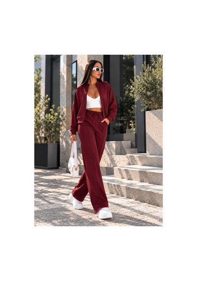 Gugus Kadın Fermuarlı Kolej Yaka Aysho Model Bol Paça Wide Leg Eşofman Takımı Bordo