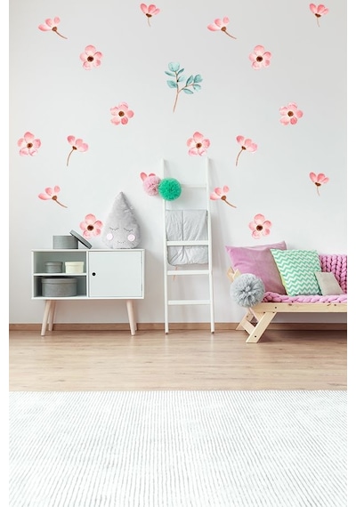 Pembe Çiçek Temalı 20 Parça Çocuk Ve Bebek Odası Dekoratif Duvar Sticker Seti Figür 2