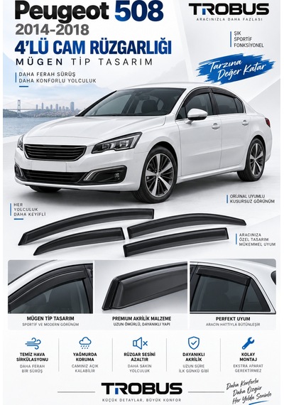 Plus Peugeot 508 1.6 E-hdi / 1.5 Bluehdi Uyumlu Piano Black Rüzgarlık 2014-2018 4'lü