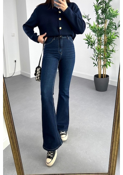 Woddi Ispanyol Lacivert Yüksek Bel Likralı Esnek Jeans Pantolon Kot New Laci Vert