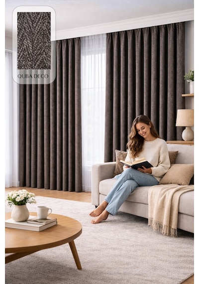 Balıksırtı Dokulu Premium Jakar Fon Perde Salon Oturma Odası Yatak Odası Çocuk Odası Kahverengi