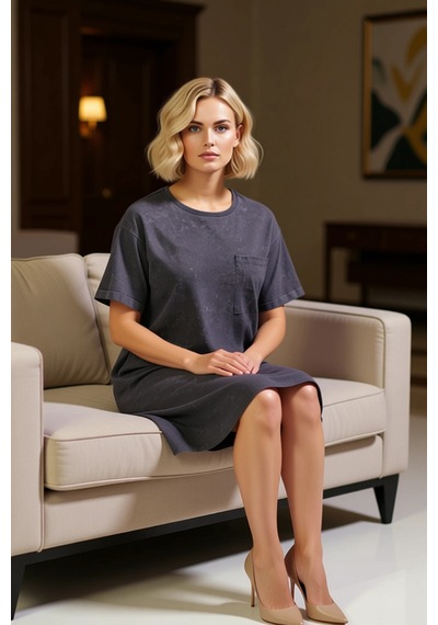 Benerly Kadın Bisiklet Yaka Kısa Kol Kalıp T Shirt Elbise Büyük Beden Yık Antrasit