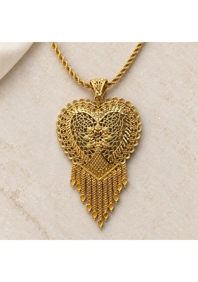 Gold Renk Kalp Motifli Püsküllü Taşsız Hint İşi Halat Zincir Kadın Kolye 60+5 Cm Renkli