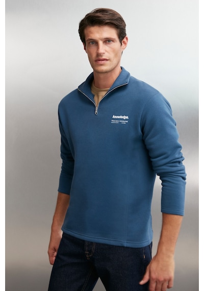 Grimelange Halden  Erkek Içi Polarlı Dik Yaka Yarım Fermuarlı Baskı Detaylı Regular Mavi Sweatshirt