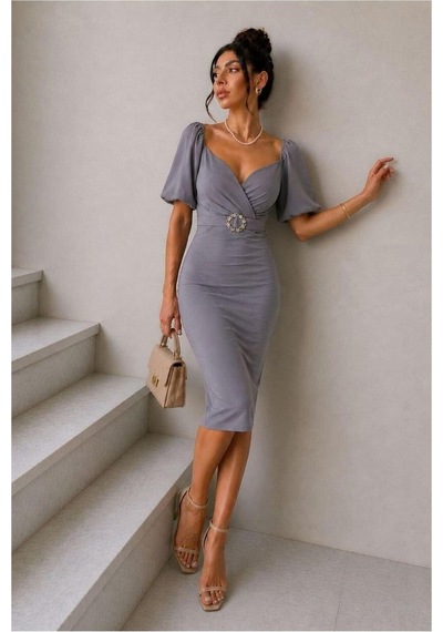 Store Krep Yaka Elbise Kemerli V Kumaş Abiye Gri - 935902030 Gri