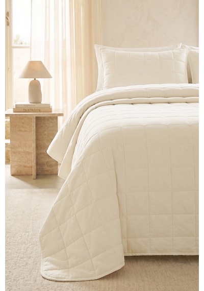 Ocean Home Textile %100 Pamuk Kumaş Kapitoneli Ekru Çok Amaçlı Çift Kişilik Yatak Örtüsü Seti 1 Adet 250 X 230 / 2 Adet 50 X 70 Cm
