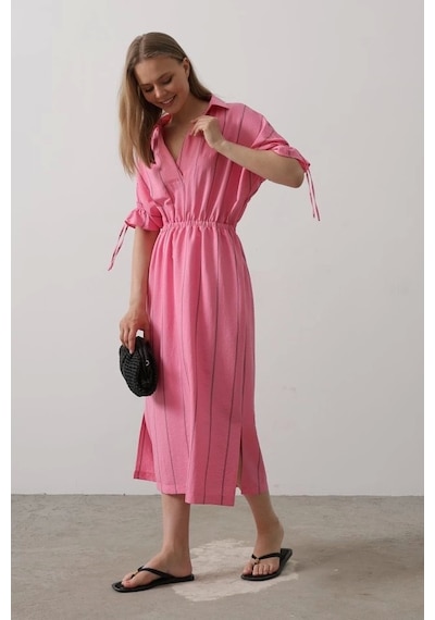 Defymoda Beli Lastikli Elbise - Pembe Pembe