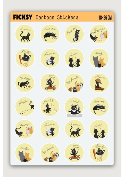 Sevimli Kedi Sticker Seti - 24 Adet Yuvarlak Etiket Çıkartma Diğer