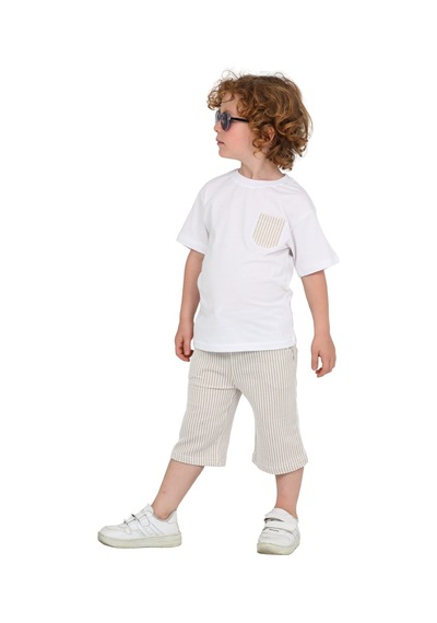 Erdem Kıds Erkek Çocuk Basic T-shirt Şort Çizgili Kaprili Yazlık 2'li Takım Bej Bej