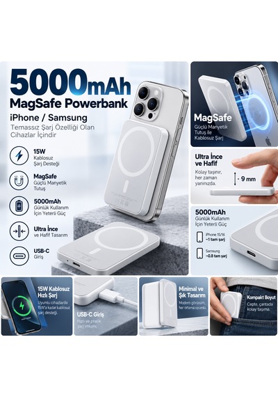 5000mah Magsafe Manyetik Kablosuz Powerbank 15w Hızlı Şarj Ultra İnce Usb-c İphone & Samsung Uyumlu Beyaz