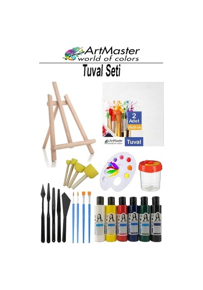 Tuval Seti 30x30 1 Paket Masaüstü Şövale Mydido Akrilik Boya Plastik Spatula Resim Fırçası Palet Ponpon Sünger Fırça