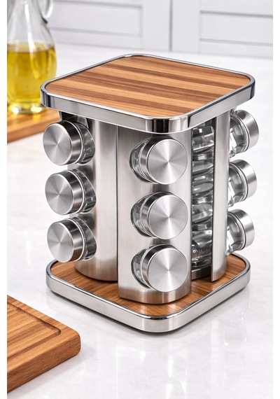 Makri Home 12 Li Ahşap Krom Kare Döner Baharatlık, 360 Paslanmaz Stantlı, 118 Ml Cam Kavanoz, 19 X 23 Cm Ahşap