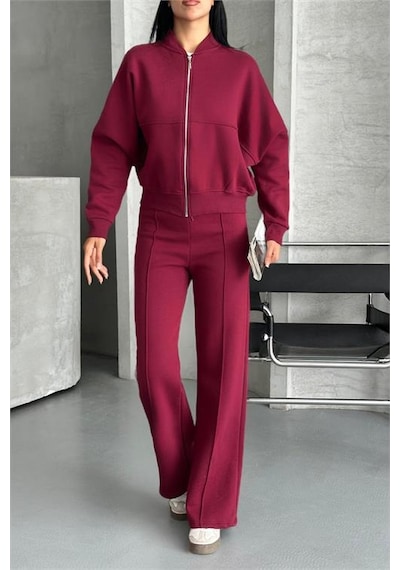 Neşeli Butik Kadın Pamuklu Kışlık Rahat Kesim Eşofman Takımı Nbg112 Bordo