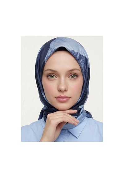 Bushu Çiçek Ve Desenli Twill Eşarp Lacivert Sevgi