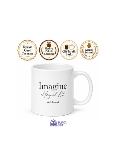 Imagine Yazılı Hayal Et Kupa Bardak Motivasyon Hediye Porselen Mug Beyaz / Çok Renkli