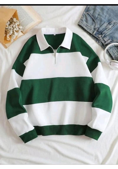 Altamira Unisex Çizgili Oversize Polo Yaka Yarım Fermuarlı Sweatshirt 001