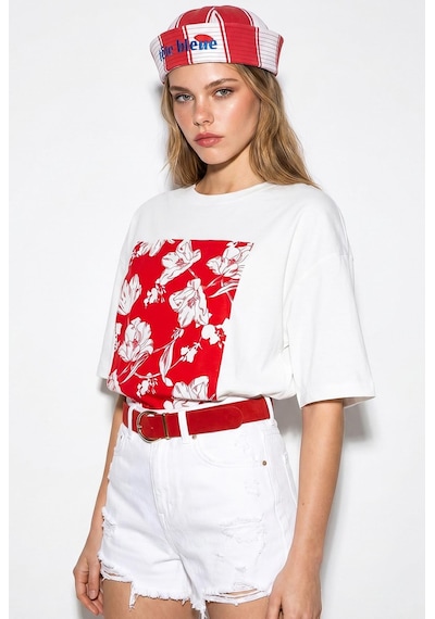 Shade Kadın Bisiklet Yaka Çiçek Baskılı Oversize %100 Pamuklu T-shirt Öt100001 60286273 - Beyaz-kırmızı Beyaz - Kırmızı