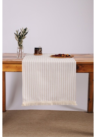 Dnc Home Tekstil Ndchome Keten Çizgili Püsküllü Runer Masa Örtüsü Açık Kahverengi 45 x 150