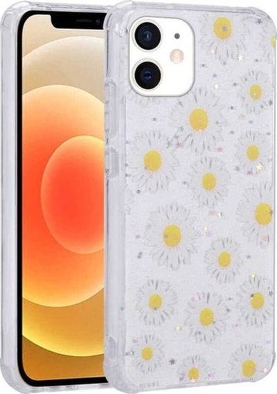Apple Uyumlu iPhone 12 Kılıf Simli Desenli Kamera Korumalı Parlak Zore Popy Kapak Papatya