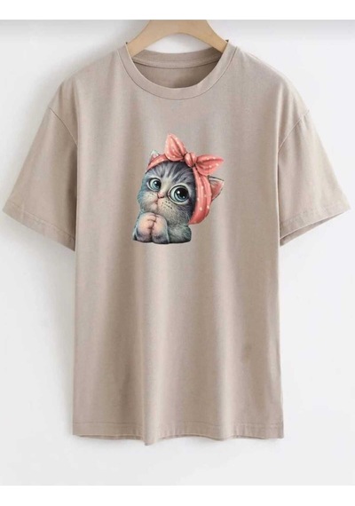 Kozia Outdoors Sevimli Kedi Baskılı Oversize Basic O Yaka Unisex T-şhirt Bej Bej