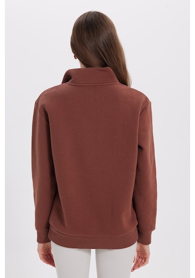 Tudors Kadın Relax Fit Rahat Kesim Pamuklu İçi Polarlı Yarım Fermuarlı Kahverengi Dik Yaka Sweatshirt-42194 Kahverengi1