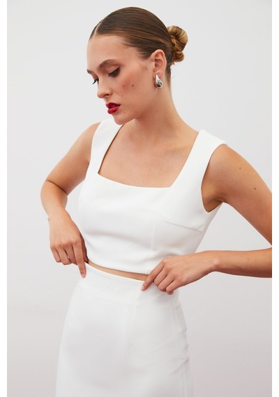 Sateen Kare Yaka Crop Bluz - Ekru-134914 Ekru
