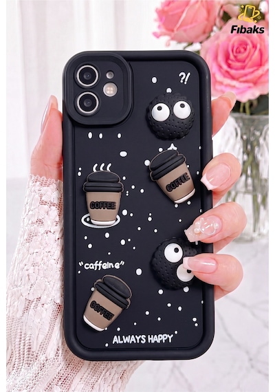 Fibaks iPhone 11 Uyumlu Kılıf Tasarımlı Desenli Kamera Korumalı Coffee Kurabiye Siyah Yumuşak Silikon Kapak