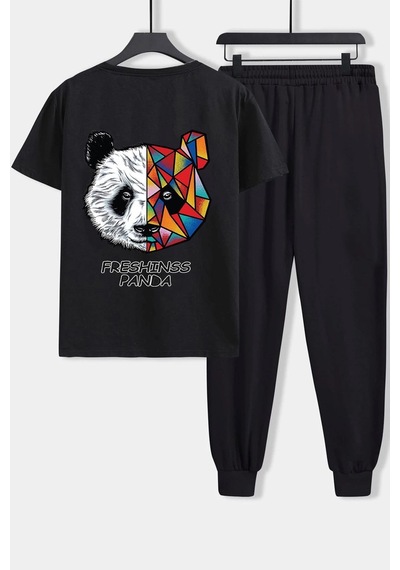 Uyguntarz Unisex Panda Baskılı 2'li Eşofman Takımı Siyah