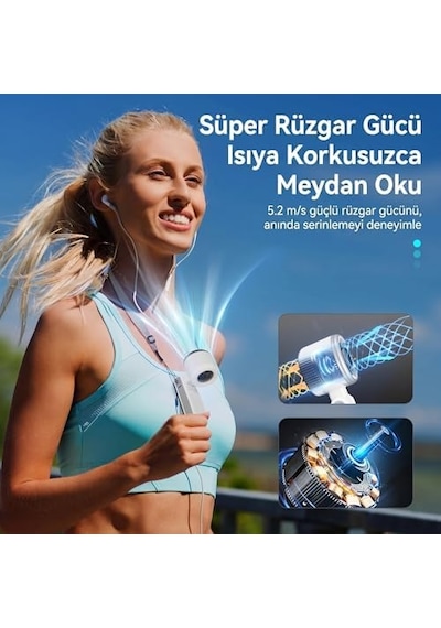 Blic Bwfn22 Turbo El Vantilatörü Mini Fan Vantilatör Katlanabilir 3 Ü 1 Arada Taşınabilir Fan 5 Kademeli Led Ekranlı Usb-c Şarjlı Mini Vantilatör Boyun Askılı Masaüstü Kullanım Beyaz
