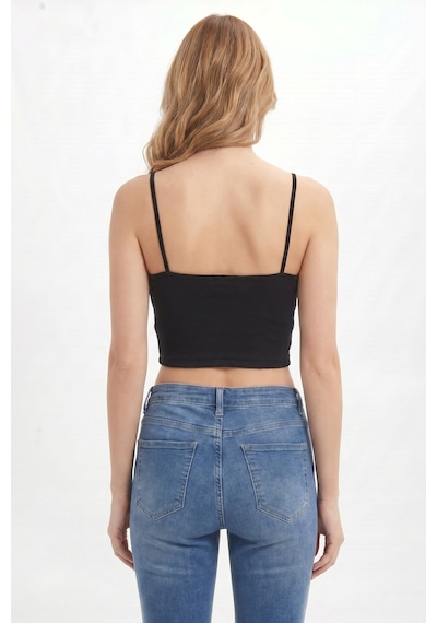 Tudors Kadın Slim Fit Dar Kesim Pamuklu İnce Askılı Siyah Crop Atlet-51094