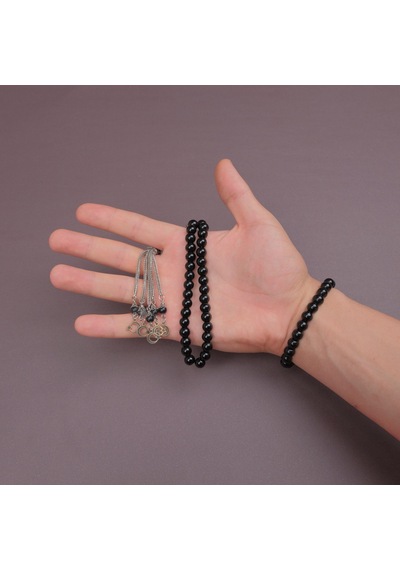Oniks Doğal Taş Bileklik+ Tesbih Set Ahşap Kutulu