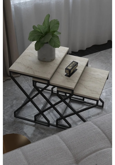 Reyo Falez V Lux 3'lü Zigon Sehpa Traverten Desen