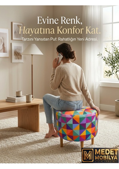 Diday Gökkuşağı Puf F Trend Puf Koltuk Puff Bench Dekoratif Bohem Doğal Gürgen Ayak Amaçlı Bahçe Balkon Çok Renkli