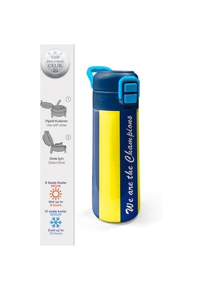 Coral High Kids Sarı Lacivert Çubuklu Pipetli Ve Direkt İçim Çelik Termos 500 Ml 31791 Çok Renkli