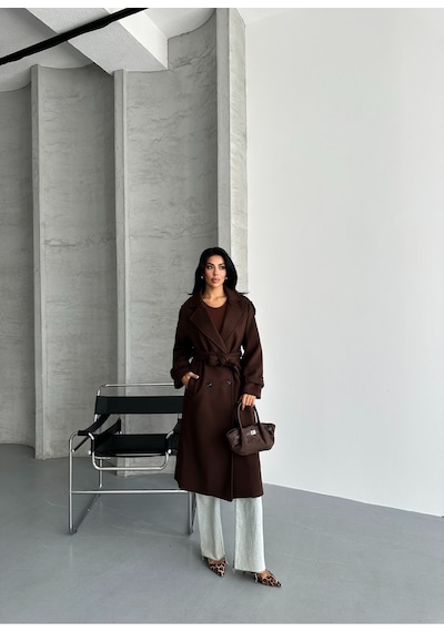 Candybia Laura Kuşaklı Yeni Sezon Astarlı Premium Kalite Rahat Kalıp Kadın Kaşe Kaban Mont Kahverengi Kahverengi