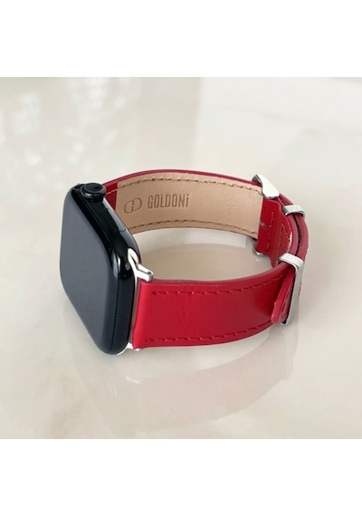 Goldoni Apple Watch Uyumlu Kırmızı İnce Gerçek Deri Kordonu Metal Köprülü