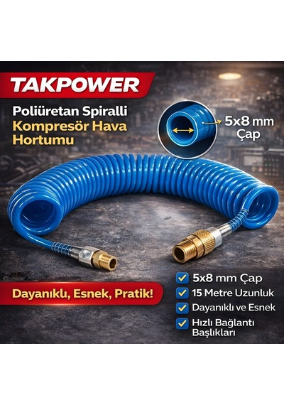 Takpower Poliüretan Spiralli Kompresör Hava Hortumu 5 X 8 Mm 15 Metre