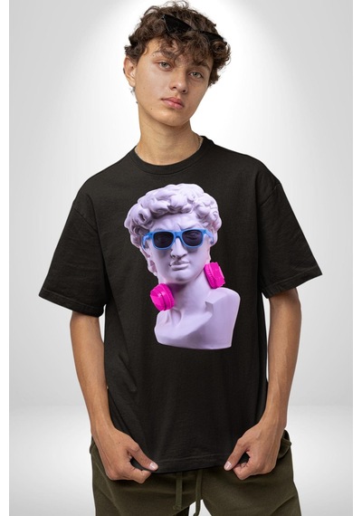 Kulaklık Gözlük Pop Art Heykel Pamuklu Bisiklet Yaka Unisex Oversize Boyfriend Dijital Baskılı Siyah T-shirt Siyah