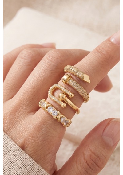 Gold 3'lü Çivi Xox Ve Zincir Zirkon Taşlı Premium Yüzük Seti Çok Renkli